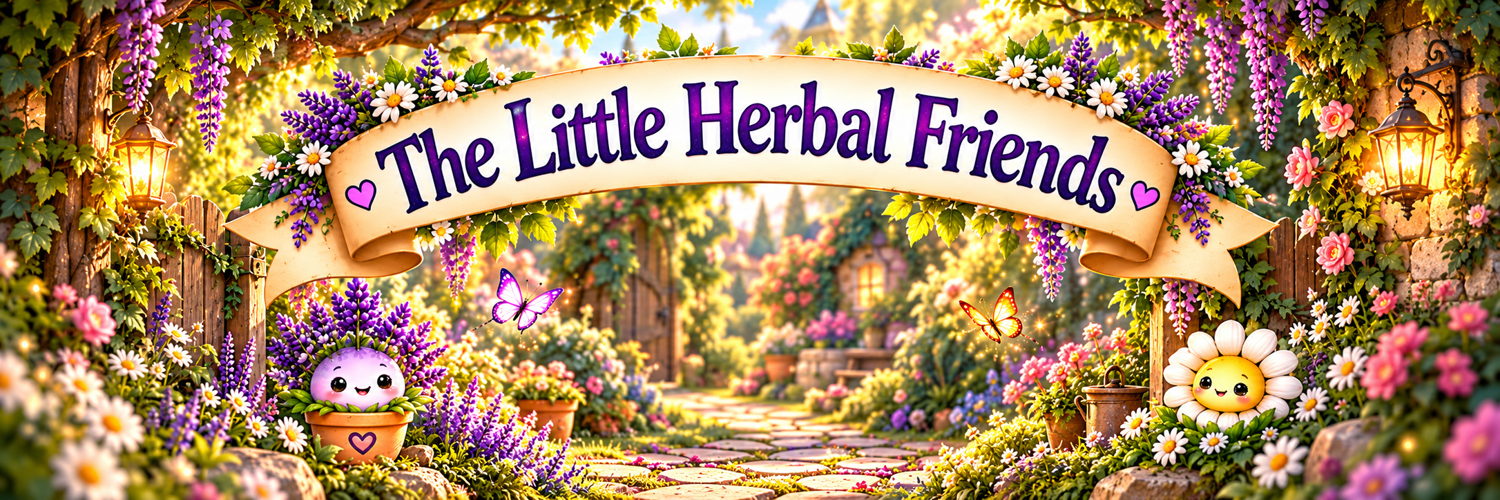 The Little Herbal Friends banner in a magical Secret Garden with Lila Lavender and Cami Chamomile